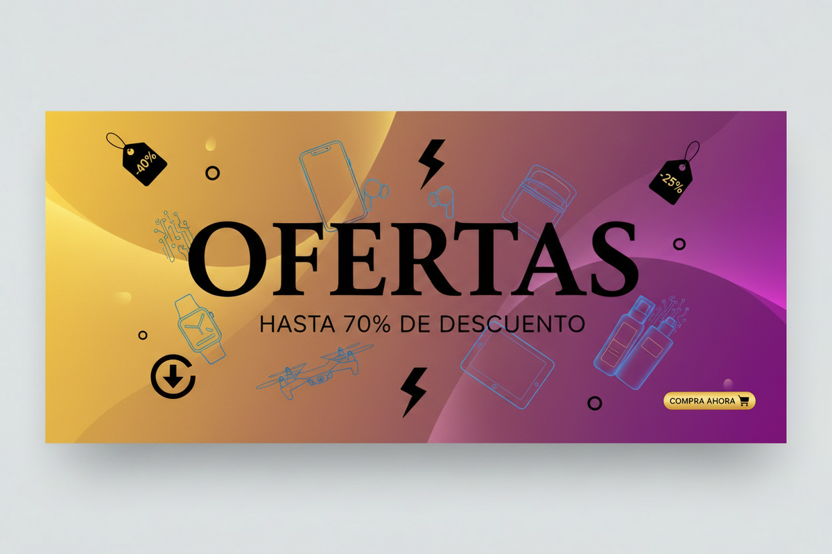 Banner OFERTAS amarillo y morado