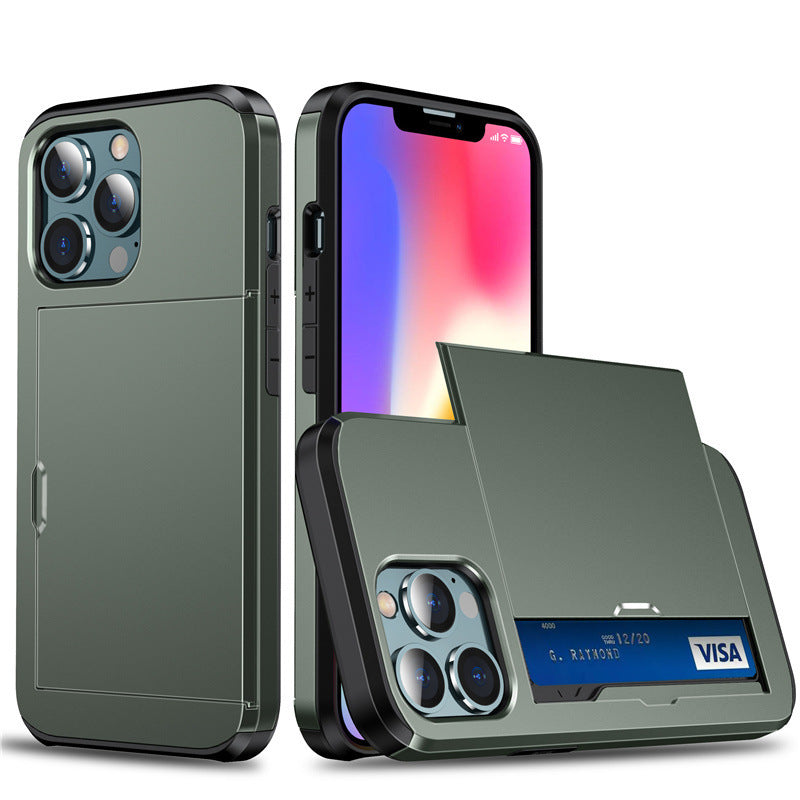 Funda Deslizable con Porta Tarjetas para iPhone 12–17 – PC Rígida, Anticaidas, 11 Colores