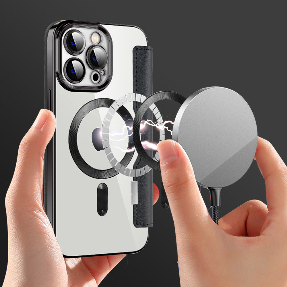 Funda Tipo Libro con Carga Inalámbrica para iPhone 12–16 – TPU+Piel, Porta Tarjetas, Magnética