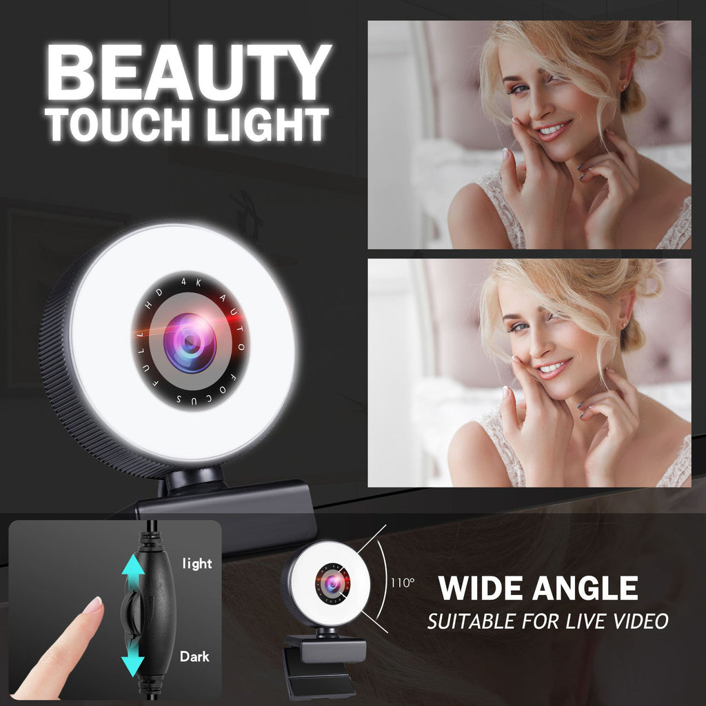 Webcam 4K Belleza Autofocus 1080p USB con Luz de Relleno para Streaming y Videollamadas