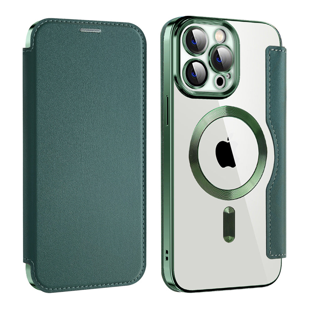 Funda Tipo Libro con Carga Inalámbrica para iPhone 12–16 – TPU+Piel, Porta Tarjetas, Magnética