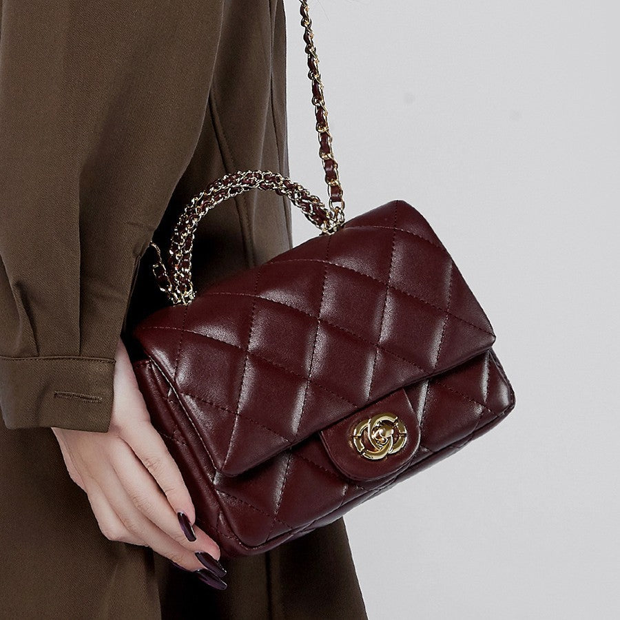 Bolsa Mini Cuero Split Cadena Diamond Grid Quilted Cierre Candado Urban Minimalist 19x7x13cm 3 Colores