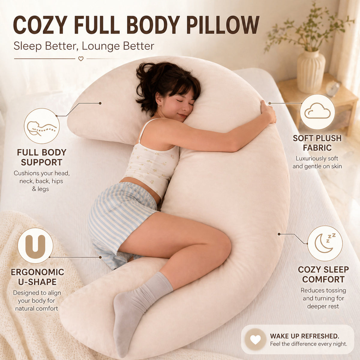 Almohada Luna Gigante Embarazo Lactancia Tencel Champagne Soporte Lumbar Lavable 4900g 2 Versiones