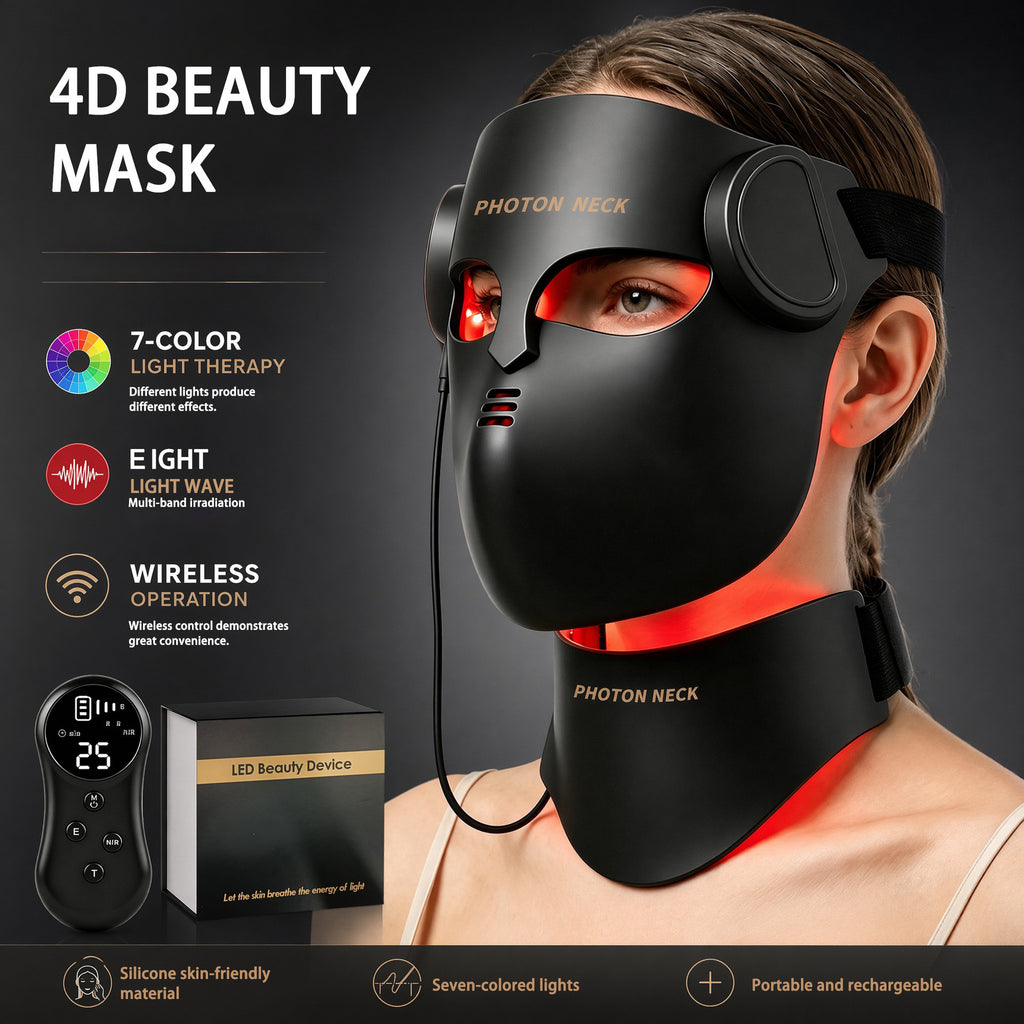 Mascarilla Facial LED 4D Inalámbrica + Dispositivo para Cuello – 7 Colores, 5 Niveles, Control Remoto