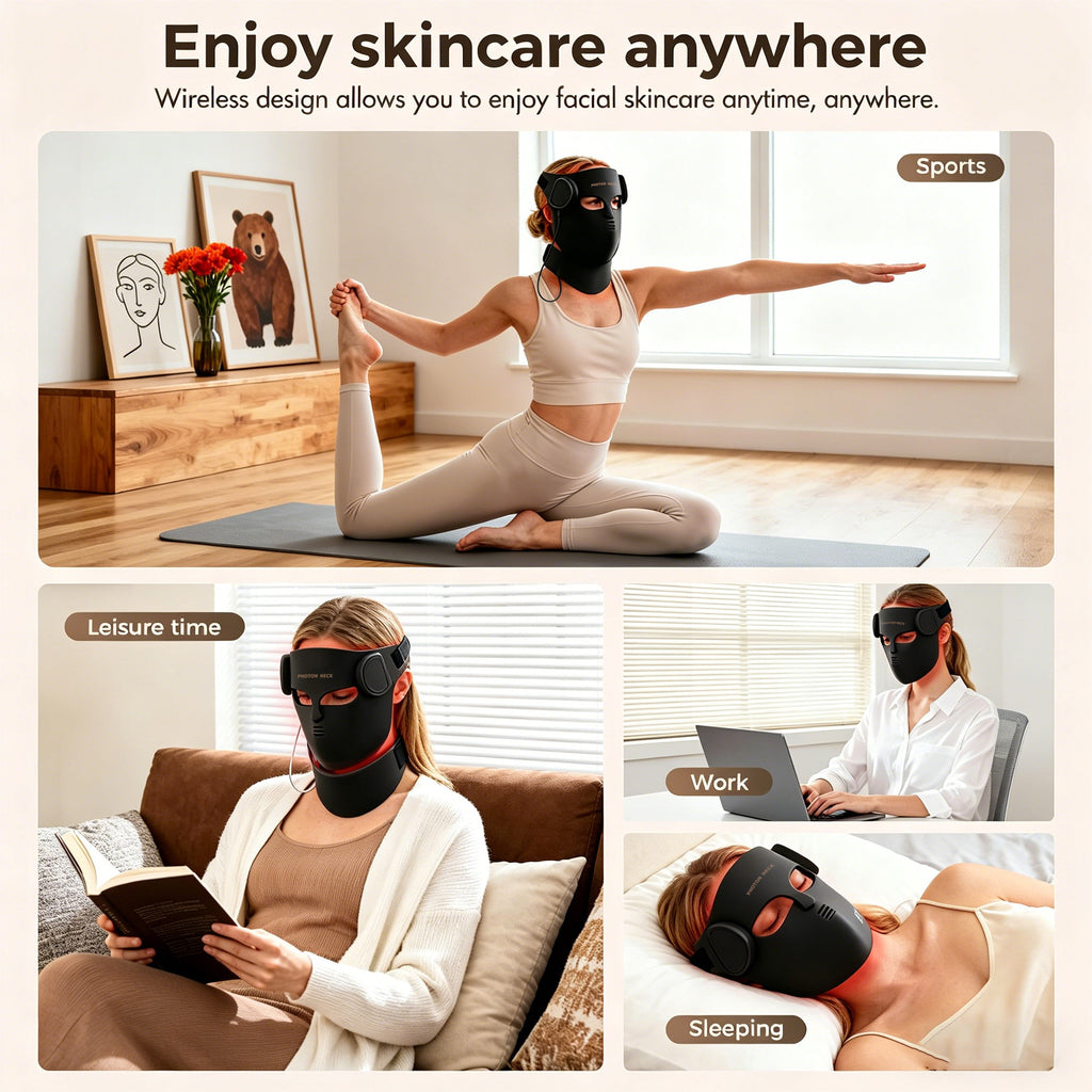 Mascarilla Facial LED 4D Inalámbrica + Dispositivo para Cuello – 7 Colores, 5 Niveles, Control Remoto