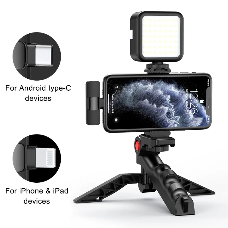 Kit de Vlogging MAMEN | Trípode, Micrófono Lavalier, Luz LED para iPhone y Android