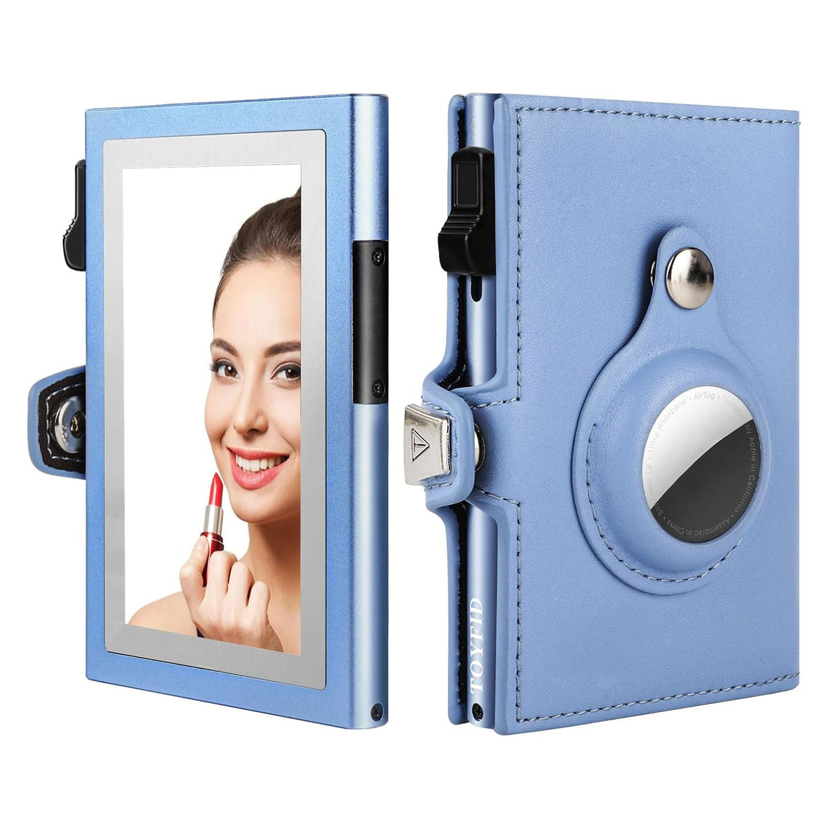 Cartera para Mujer con Airtag, Pequeña y Elegante con Espejo, Pop-Up, Tri-fold de Piel Genuina Compatible con Airtag