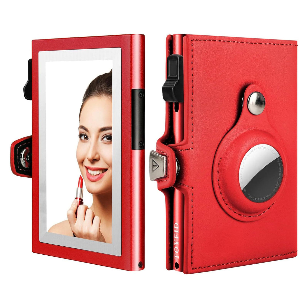 Cartera para Mujer con Airtag, Pequeña y Elegante con Espejo, Pop-Up, Tri-fold de Piel Genuina Compatible con Airtag