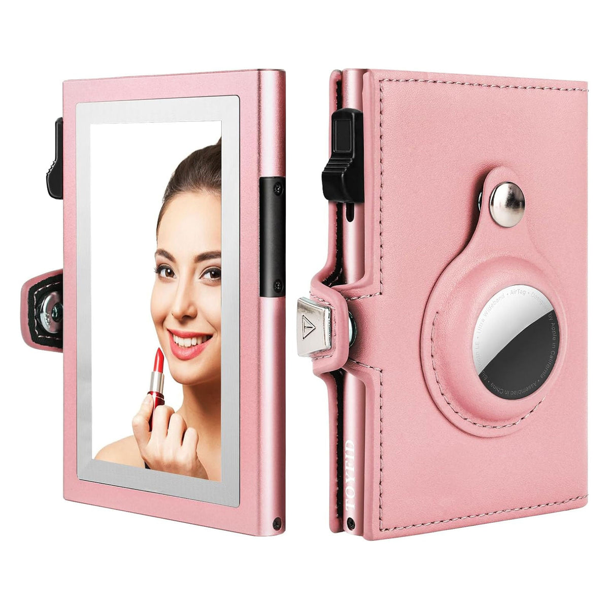 Cartera para Mujer con Airtag, Pequeña y Elegante con Espejo, Pop-Up, Tri-fold de Piel Genuina Compatible con Airtag
