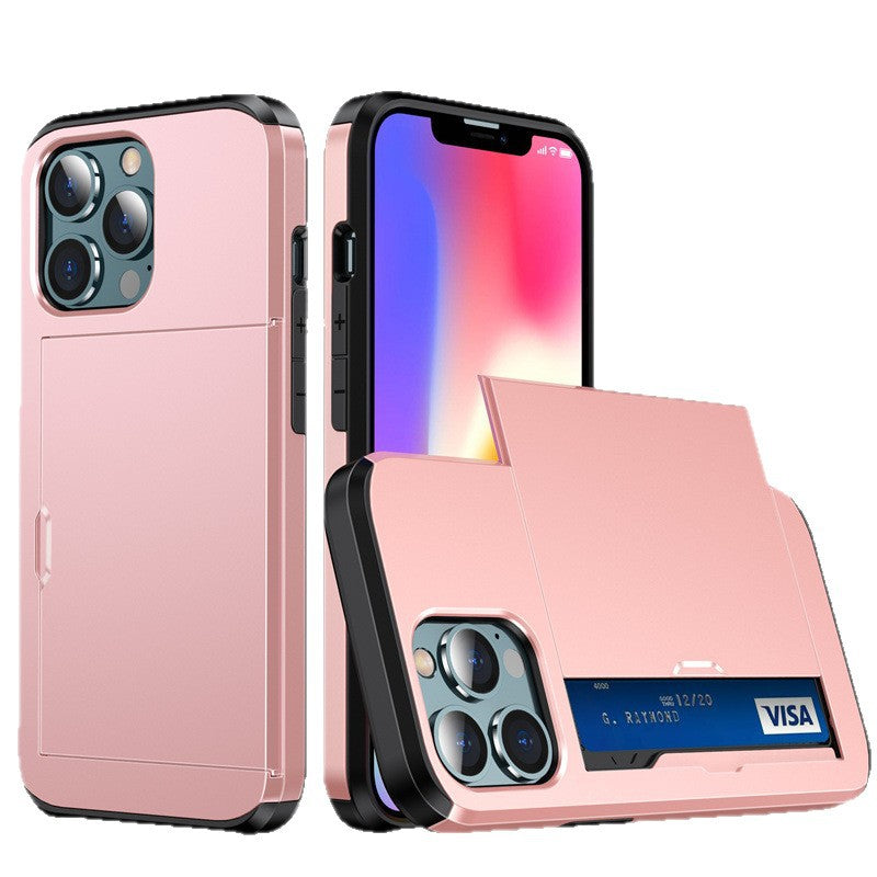 Funda Deslizable con Porta Tarjetas para iPhone 12–17 – PC Rígida, Anticaidas, 11 Colores
