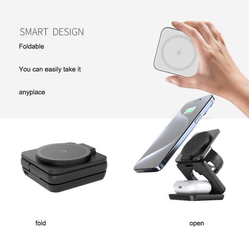 Cargador Inalámbrico 3 en 1 Magnético Plegable para iPhone con Soporte de Escritorio y Carga MagSafe
