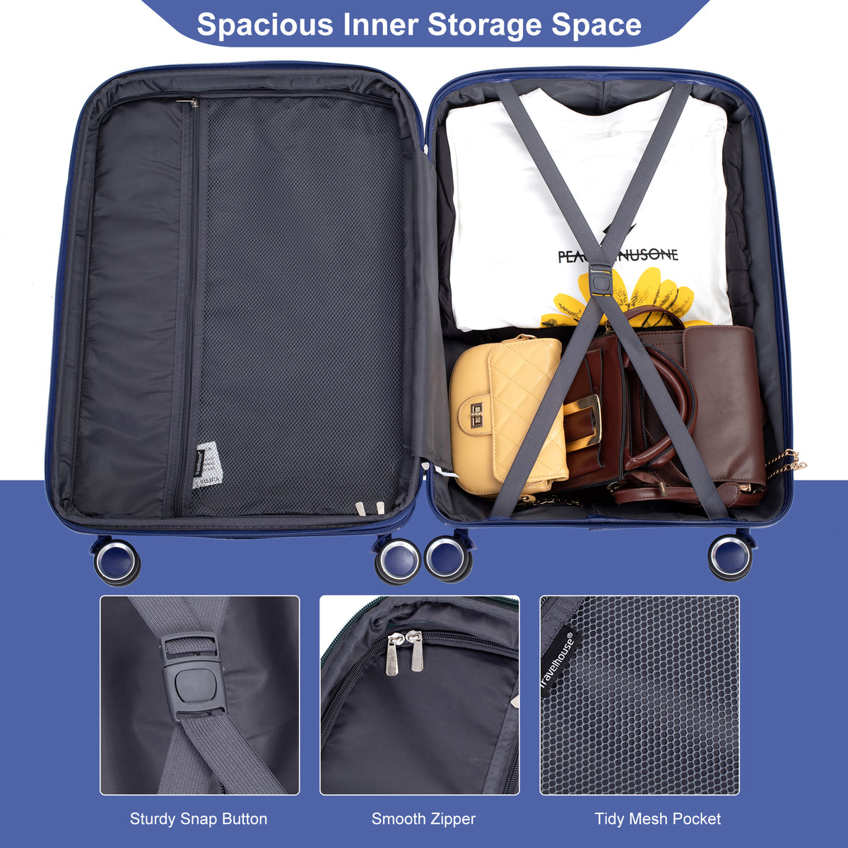 Set de Maletas 3 Piezas PP Hardshell Ruedas Dobles Expandible con Candado TSA 20/24/28 Azul Marino