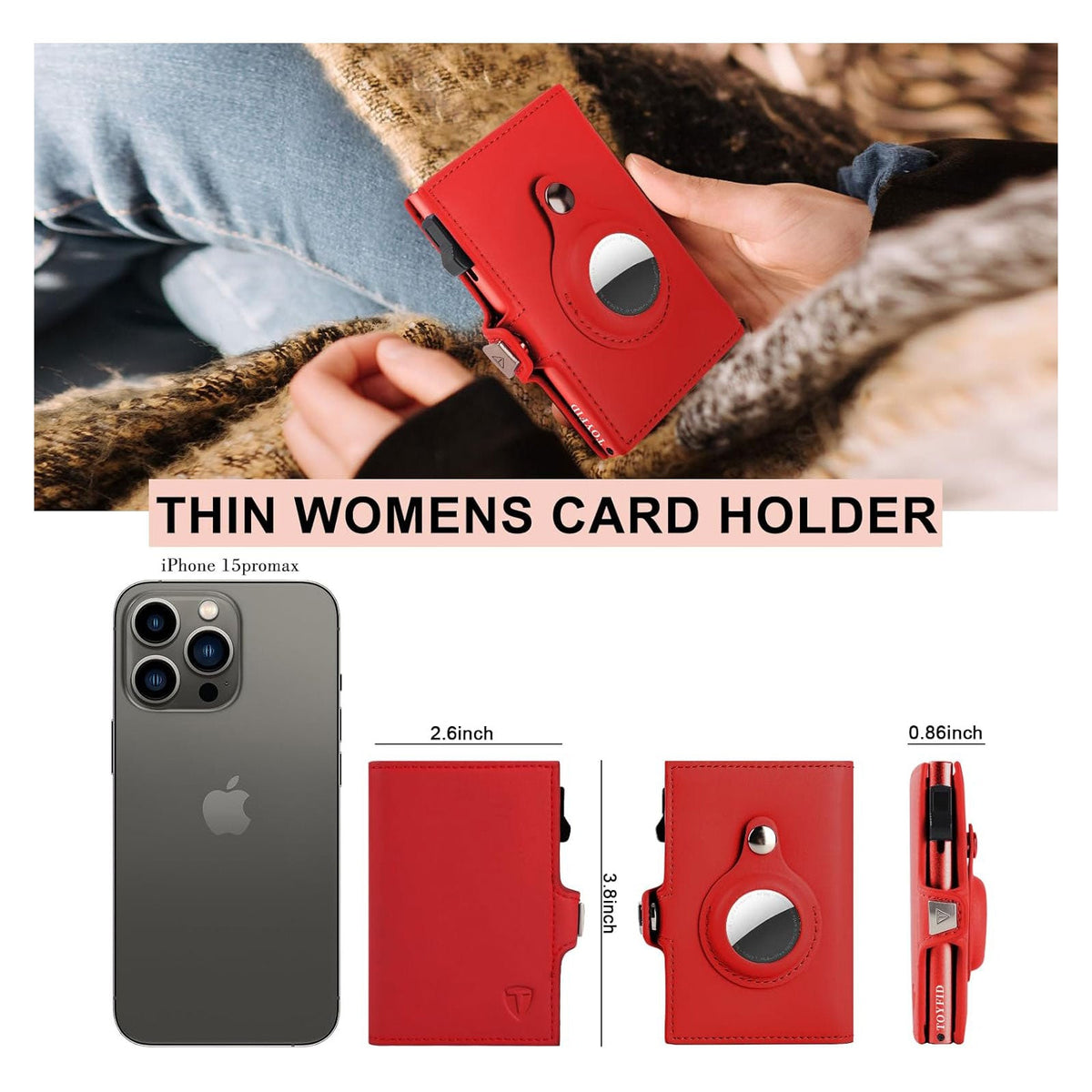 Cartera para Mujer con Airtag, Pequeña y Elegante con Espejo, Pop-Up, Tri-fold de Piel Genuina Compatible con Airtag