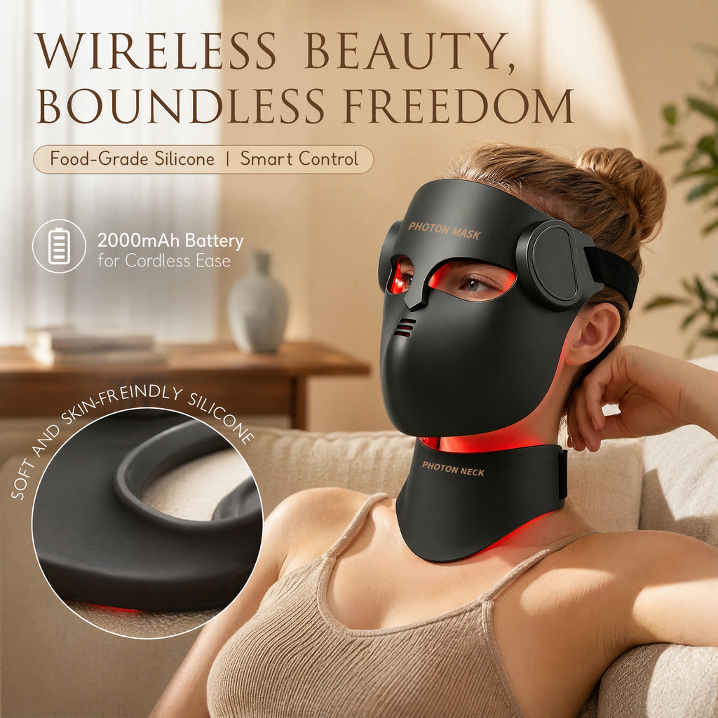 Mascarilla Facial LED 4D Inalámbrica + Dispositivo para Cuello – 7 Colores, 5 Niveles, Control Remoto