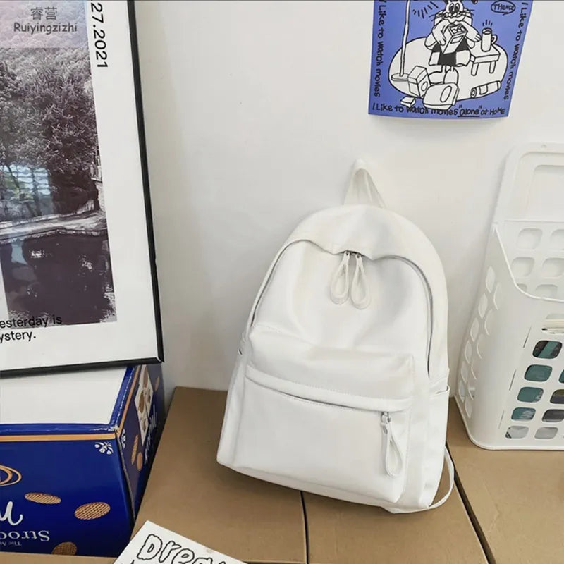 Mochila Cuero PU Mujer 4 Colores Ligera Elegante Escolar y Trabajo White Dark Gray Ivory Black