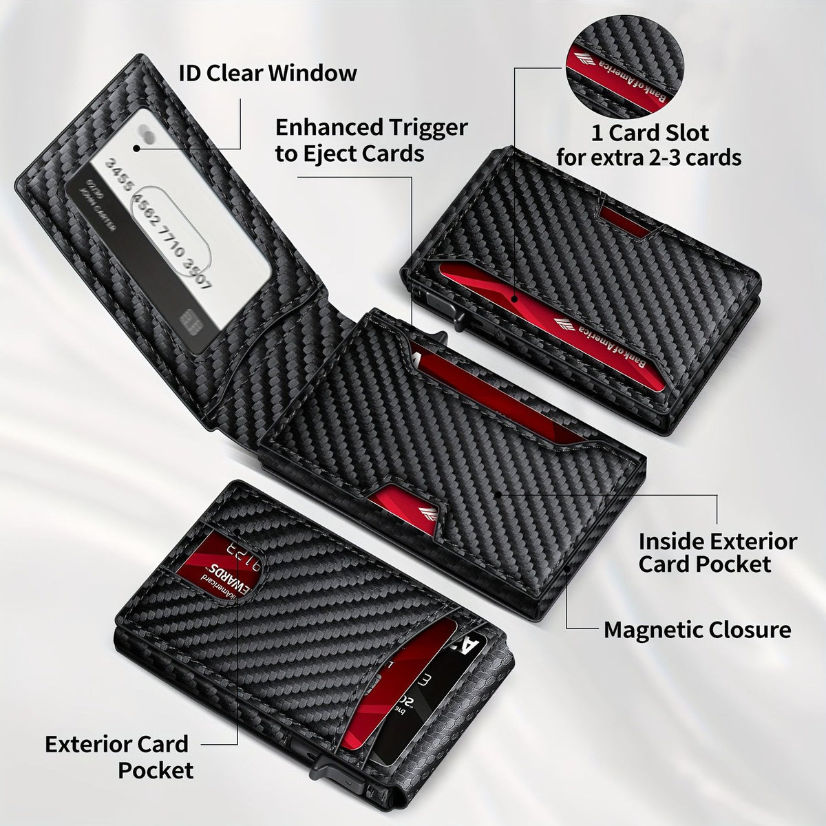 Cartera Fibra de Carbono con Apertura Flip Magnética Anti-RFID Tarjetero Billetera Hombre Slim