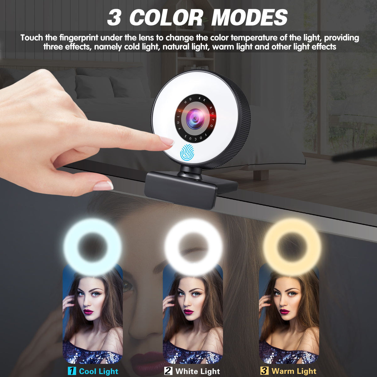 Webcam 4K Belleza Autofocus 1080p USB con Luz de Relleno para Streaming y Videollamadas