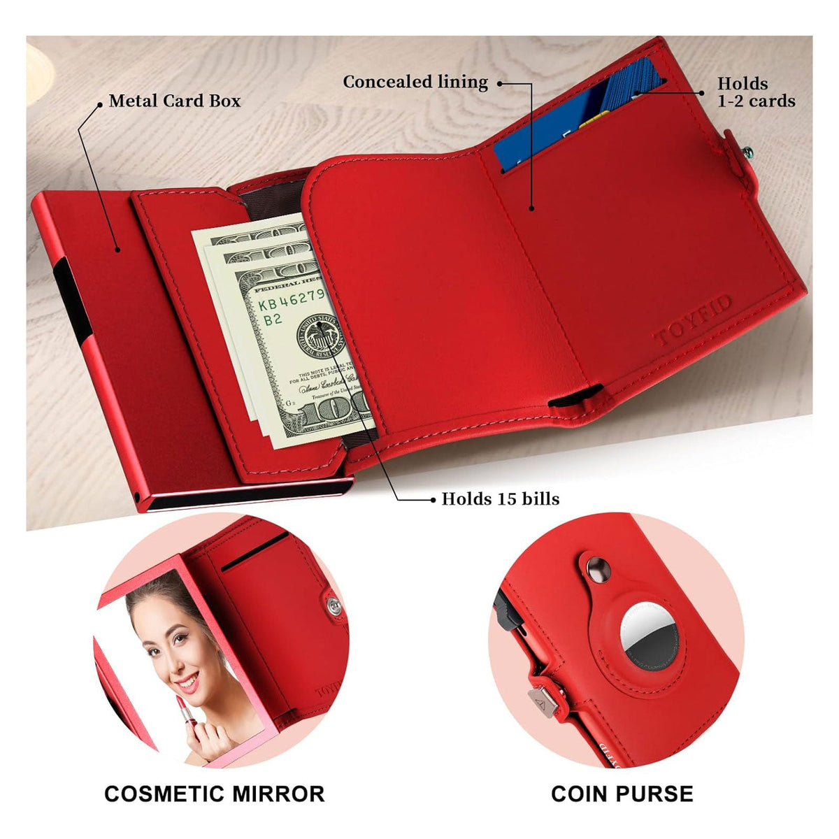 Cartera para Mujer con Airtag, Pequeña y Elegante con Espejo, Pop-Up, Tri-fold de Piel Genuina Compatible con Airtag