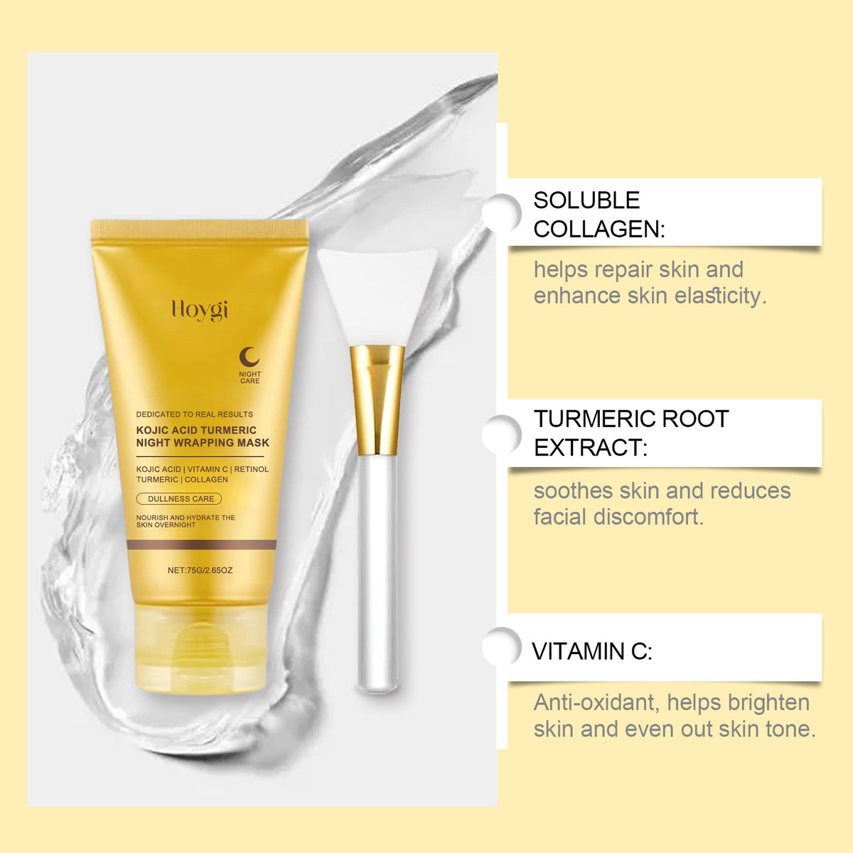 HOYGI Máscara Facial Peel-Off de Cúrcuma Limpieza Suave e Hidratante 75g + Brocha