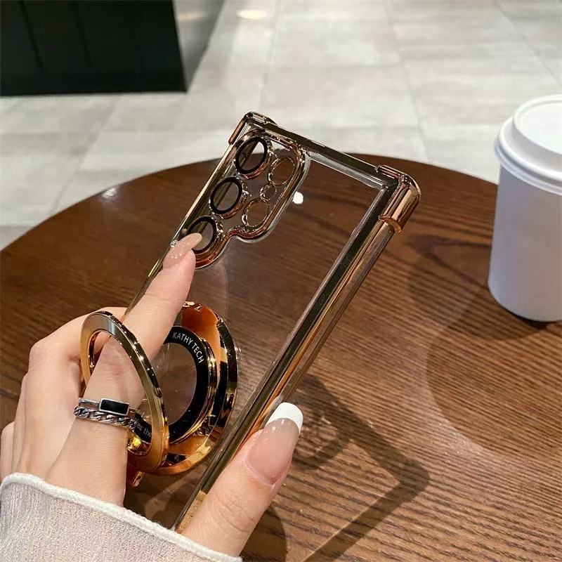 Funda Samsung con Soporte Magnético Oculto y Airbag Anticaidas – Acrílico Electrochapado, S22–S25 / Serie A