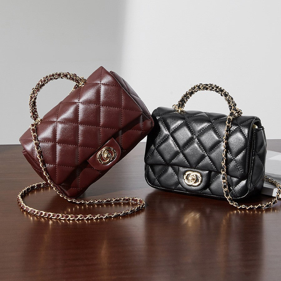 Bolsa Mini Cuero Split Cadena Diamond Grid Quilted Cierre Candado Urban Minimalist 19x7x13cm 3 Colores