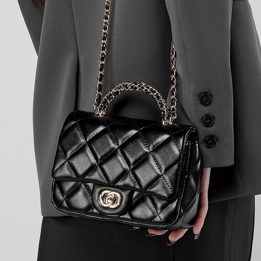 Bolsa Mini Cuero Split Cadena Diamond Grid Quilted Cierre Candado Urban Minimalist 19x7x13cm 3 Colores