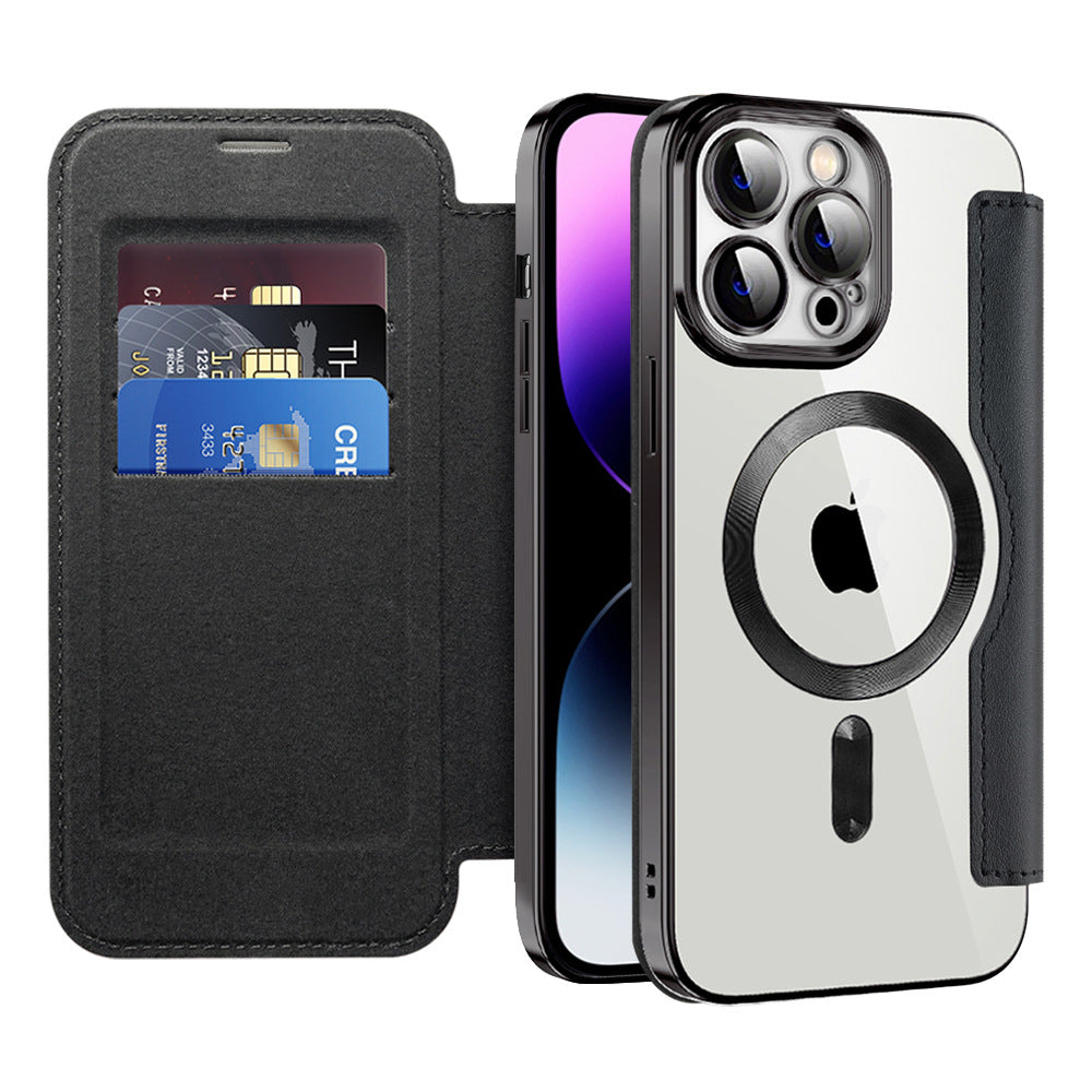 Funda Tipo Libro con Carga Inalámbrica para iPhone 12–16 – TPU+Piel, Porta Tarjetas, Magnética