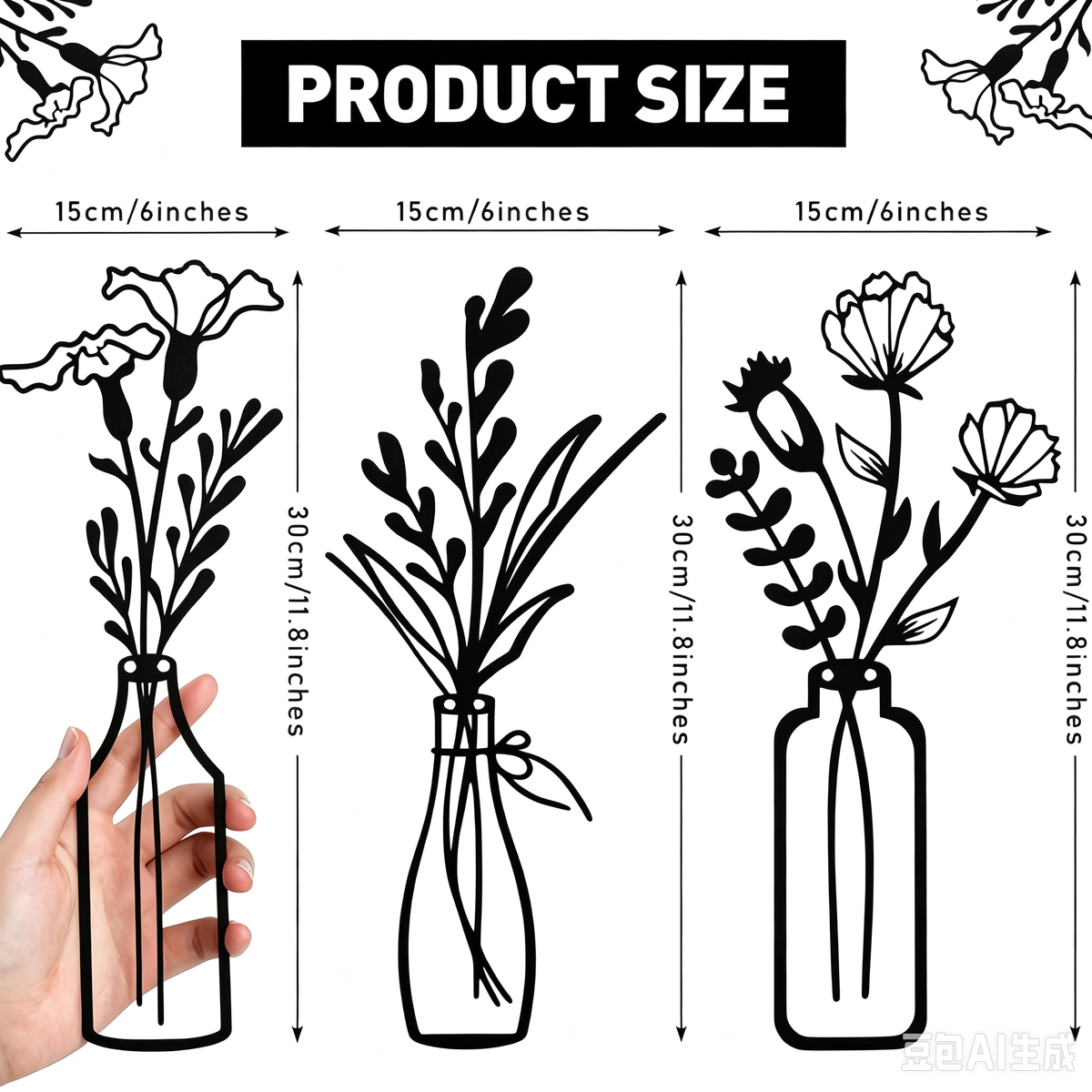 Decoración de Pared Flores de Metal 3 Piezas – Arte Minimalista Moderno para Interiores