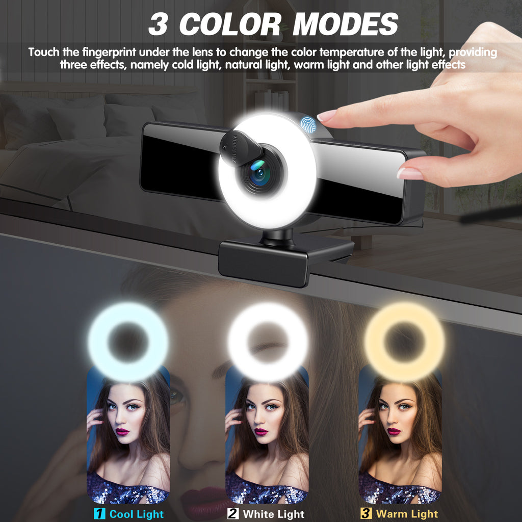 Webcam 4K Belleza Autofocus 1080p USB con Audio Integrado y Luz de Relleno para Streaming y Home Office