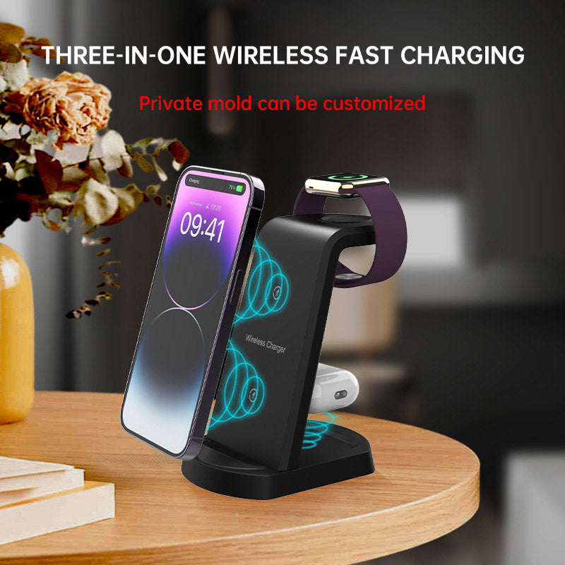 Cargador Inalámbrico 3 en 1 para Móvil, Auriculares y Reloj Soporte Vertical con Base de Carga