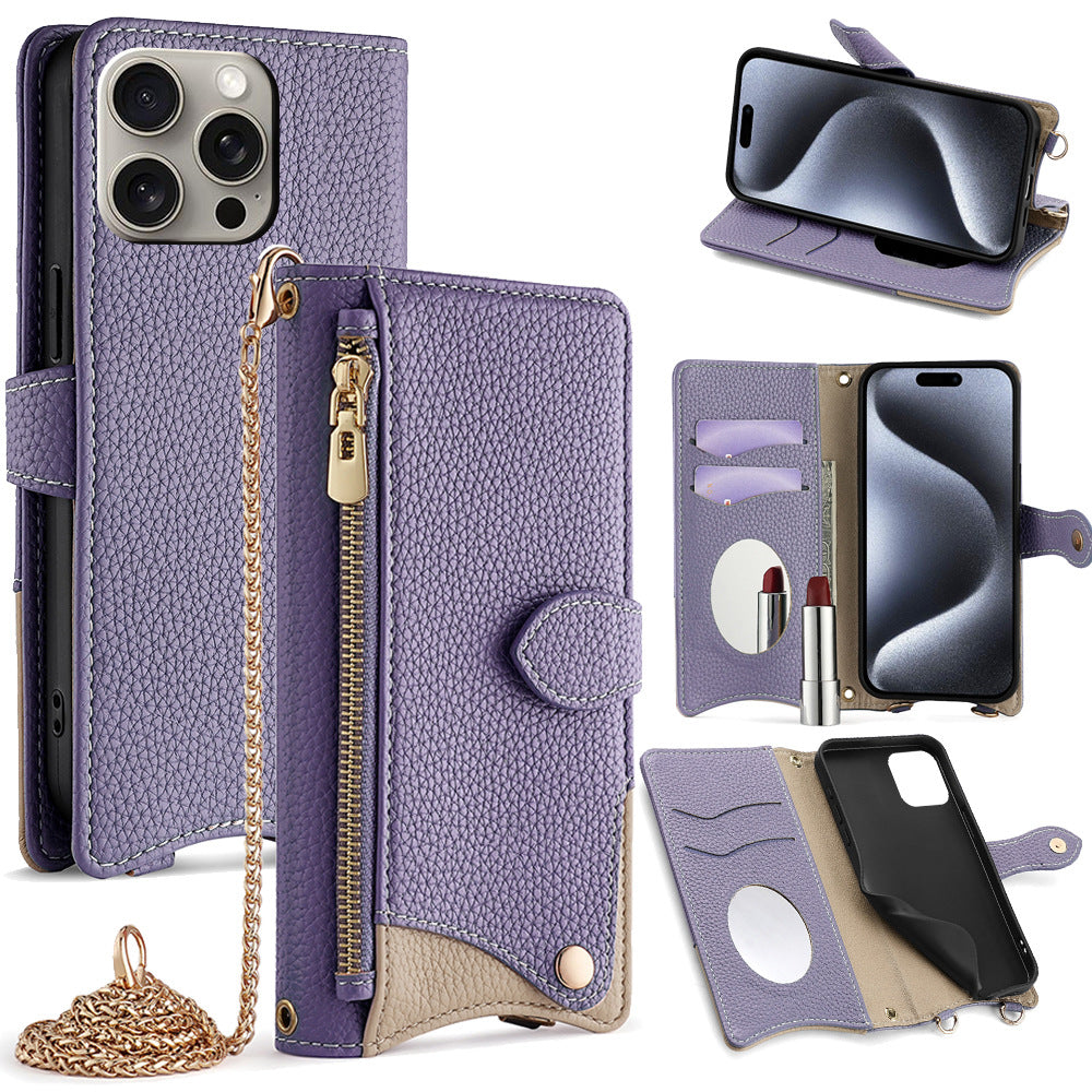Funda Tipo Libro con Espejo y Bandolera para iPhone 6–17 Pro Max – TPU + PU, Porta Tarjetas, Soporte