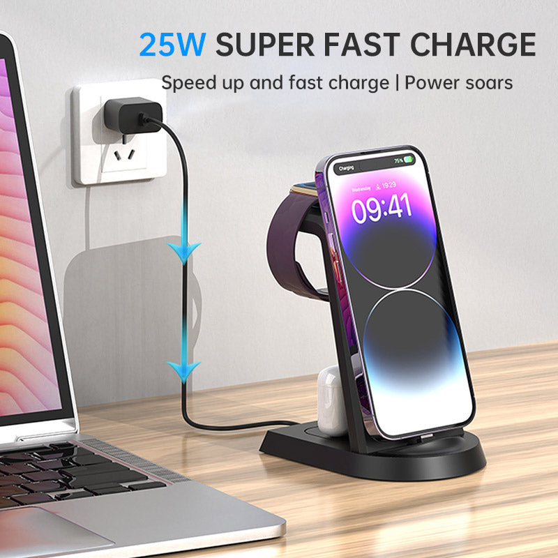 Cargador Inalámbrico 3 en 1 para Móvil, Auriculares y Reloj Soporte Vertical con Base de Carga