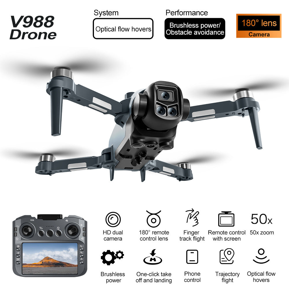 Drone V988 Triple Cámara 8K HD – Evitación de Obstáculos 360°, Posicionamiento Óptico y Pantalla