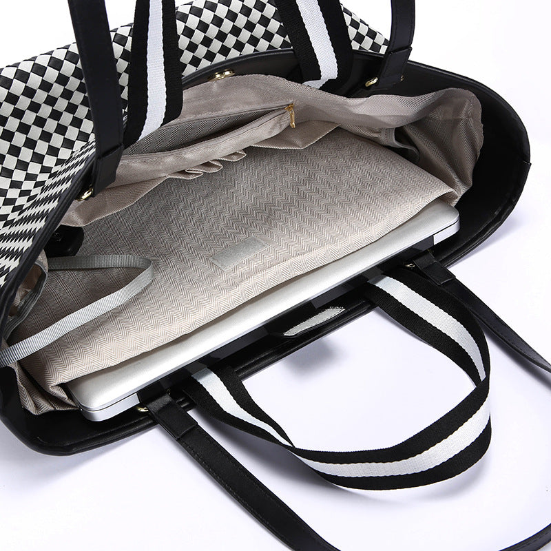 Bolsa de Hombro Gran Capacidad para Mujer Estampado a Cuadros Blanco y Negro