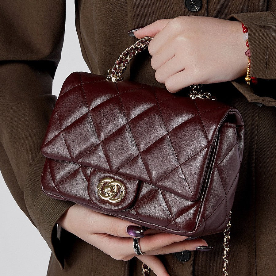 Bolsa Mini Cuero Split Cadena Diamond Grid Quilted Cierre Candado Urban Minimalist 19x7x13cm 3 Colores