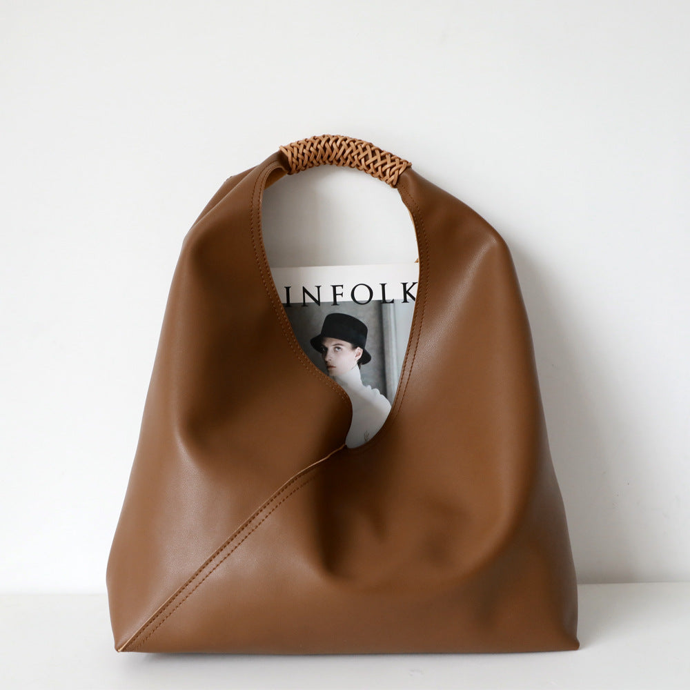 Bolsa Hombro Tejida Spliced Gran Capacidad Asa Trenzada Cuero Casual Mujer 3 Colores