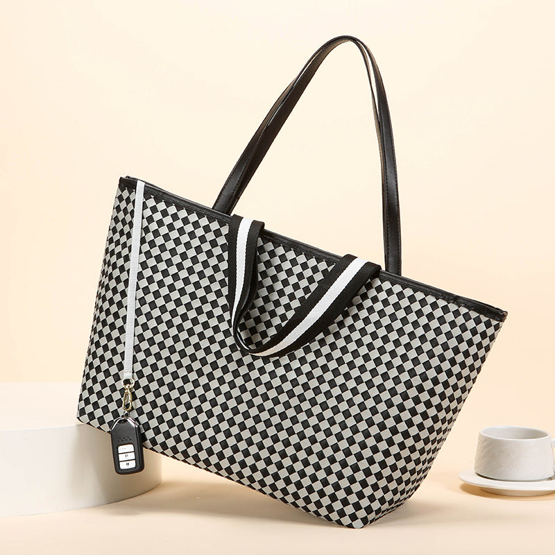 Bolsa de Hombro Gran Capacidad para Mujer Estampado a Cuadros Blanco y Negro