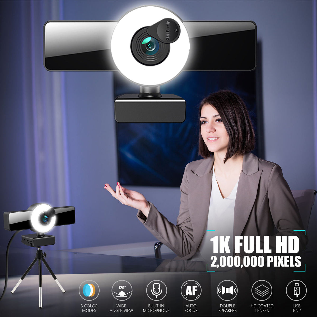 Webcam 4K Belleza Autofocus 1080p USB con Audio Integrado y Luz de Relleno para Streaming y Home Office
