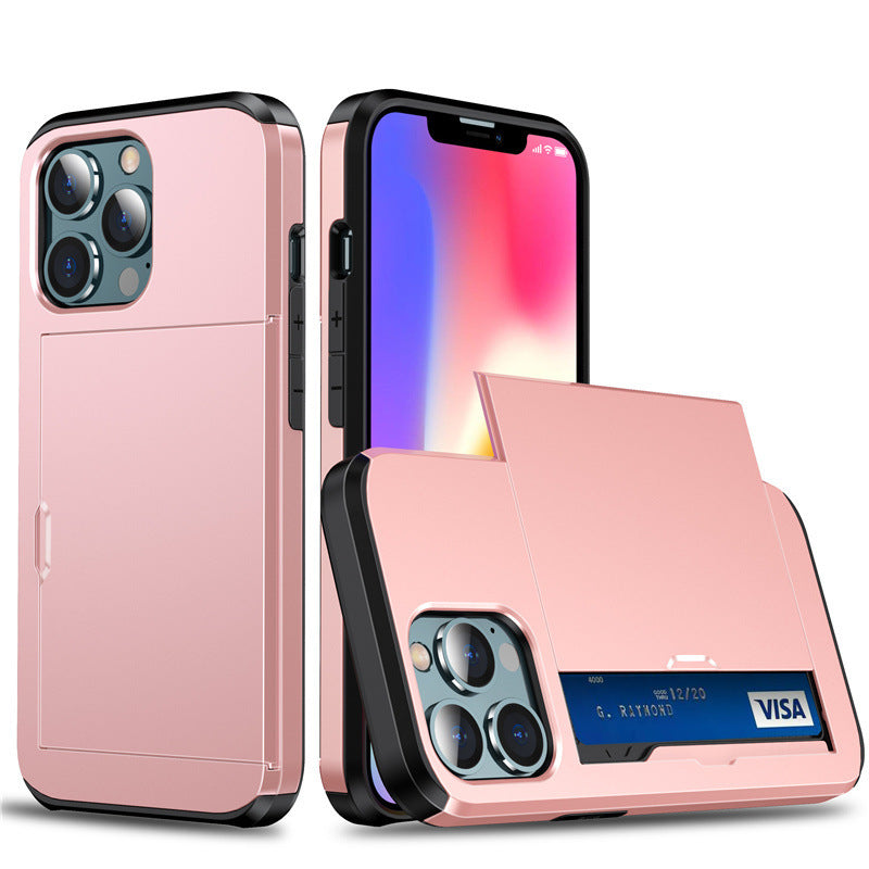 Funda Deslizable con Porta Tarjetas para iPhone 12–17 – PC Rígida, Anticaidas, 11 Colores