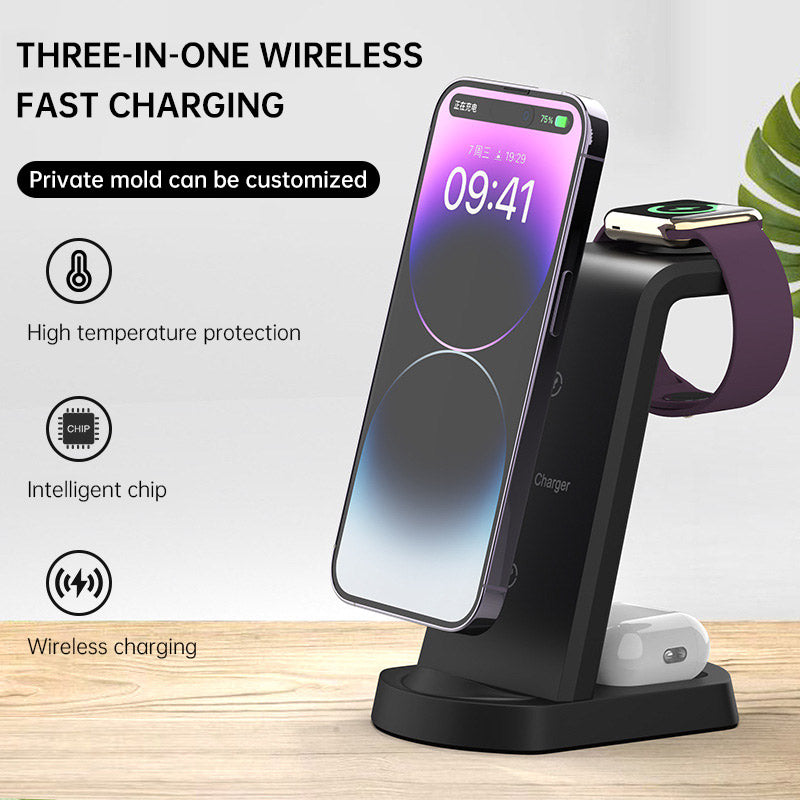 Cargador Inalámbrico 3 en 1 para Móvil, Auriculares y Reloj Soporte Vertical con Base de Carga