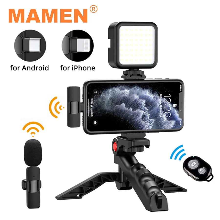 Kit de Vlogging MAMEN | Trípode, Micrófono Lavalier, Luz LED para iPhone y Android