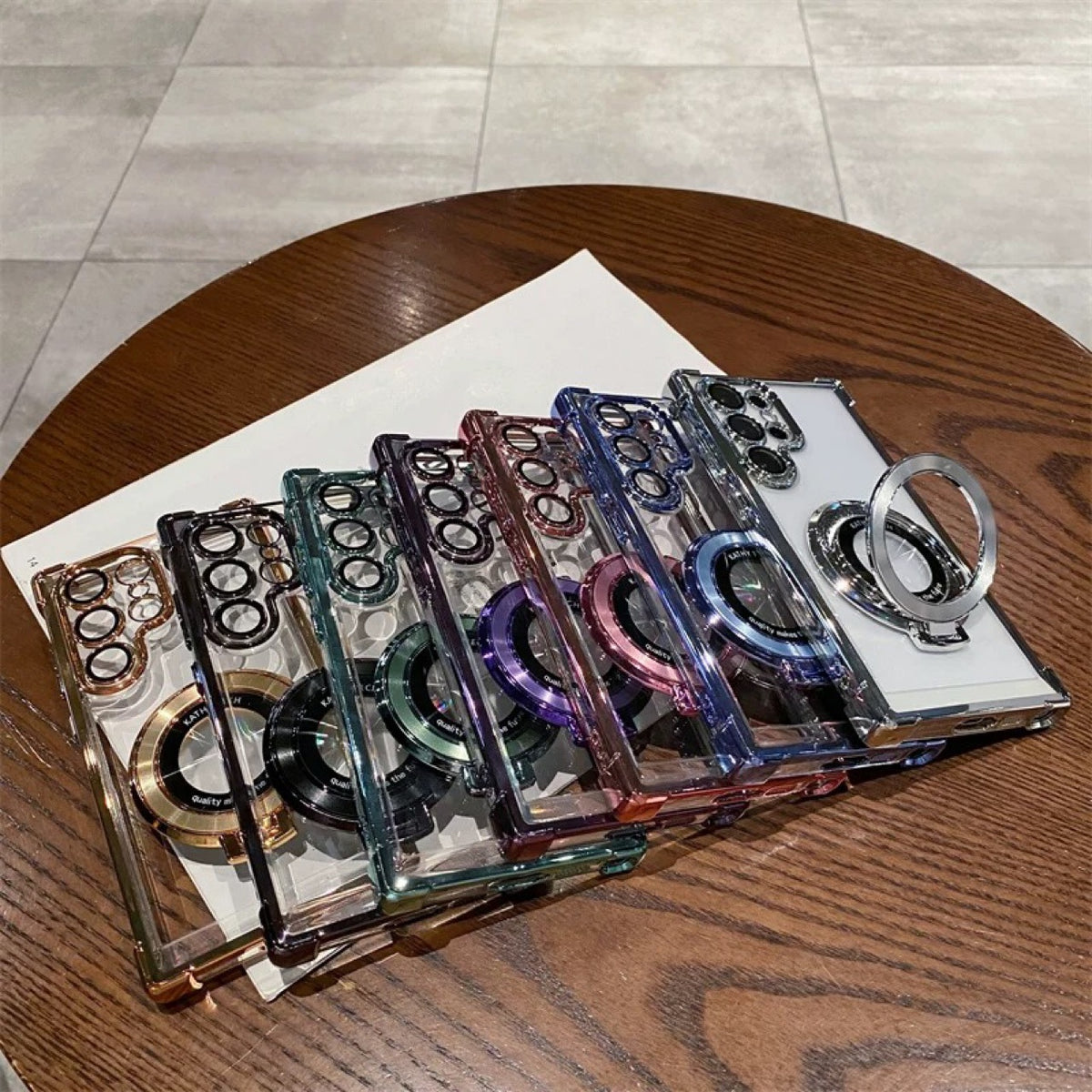 Funda Samsung con Soporte Magnético Oculto y Airbag Anticaidas – Acrílico Electrochapado, S22–S25 / Serie A