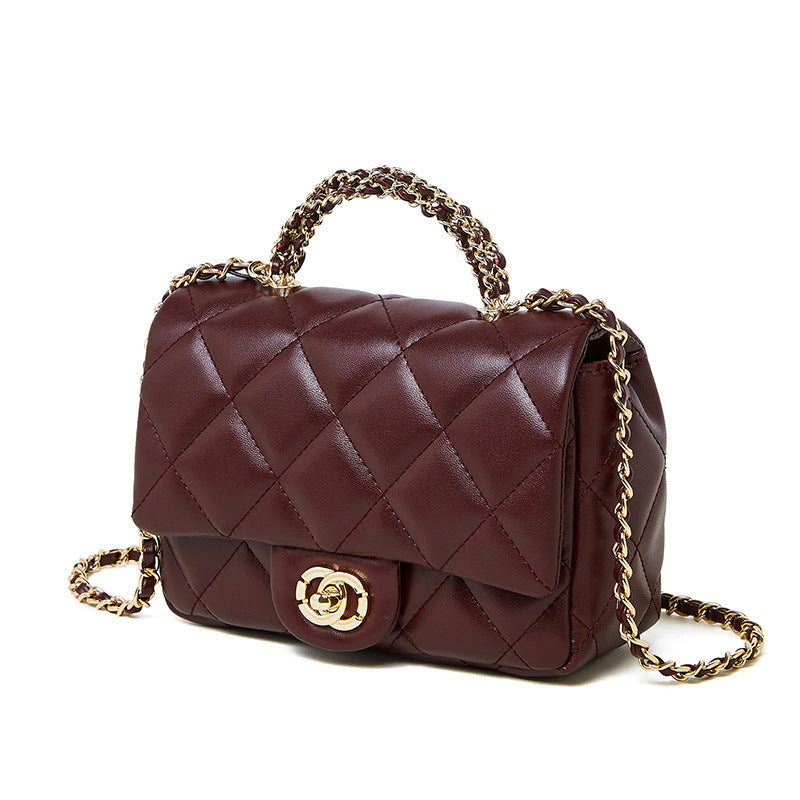 Bolsa Mini Cuero Split Cadena Diamond Grid Quilted Cierre Candado Urban Minimalist 19x7x13cm 3 Colores