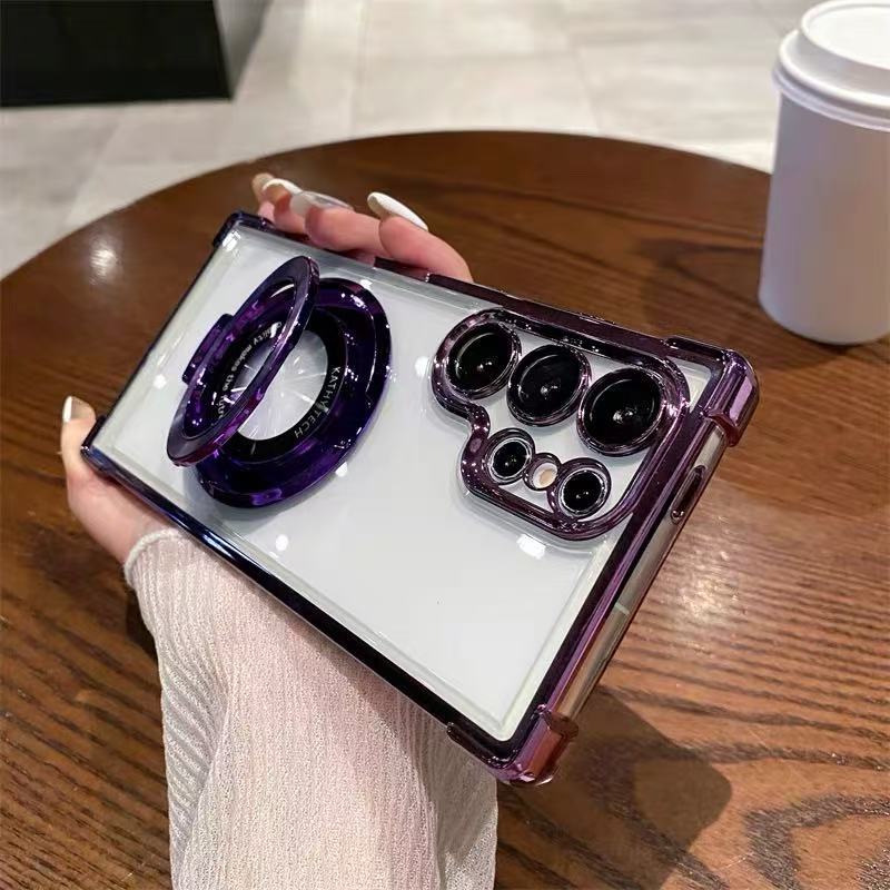 Funda Samsung con Soporte Magnético Oculto y Airbag Anticaidas – Acrílico Electrochapado, S22–S25 / Serie A