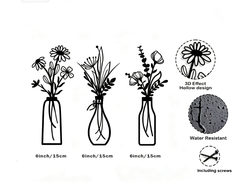 Decoración de Pared Flores de Metal 3 Piezas – Arte Minimalista Moderno para Interiores