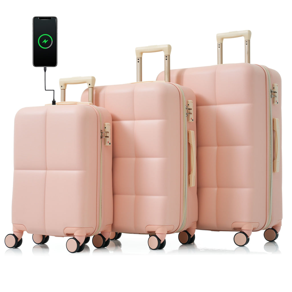 Set 3 Maletas ABS Rosa con Puerto USB Portavasos Ruedas Spinner Candado TSA Expandible 20/24/28