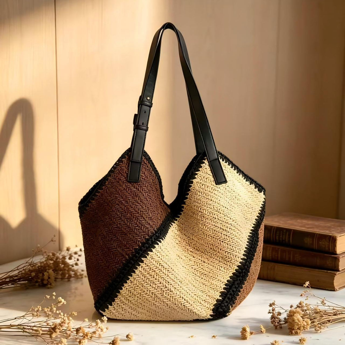 Bolsa Tote Tejida Hombro Mosaico 4 Colores Asa Cuero Playa Casual Mujer
