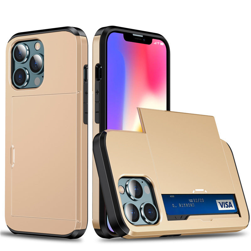 Funda Deslizable con Porta Tarjetas para iPhone 12–17 – PC Rígida, Anticaidas, 11 Colores