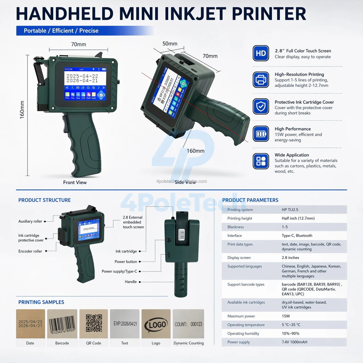 Impresora Inkjet Portátil 4POLETECH WiFi – Códigos QR, Fechas y Lotes para Plástico y Metal
