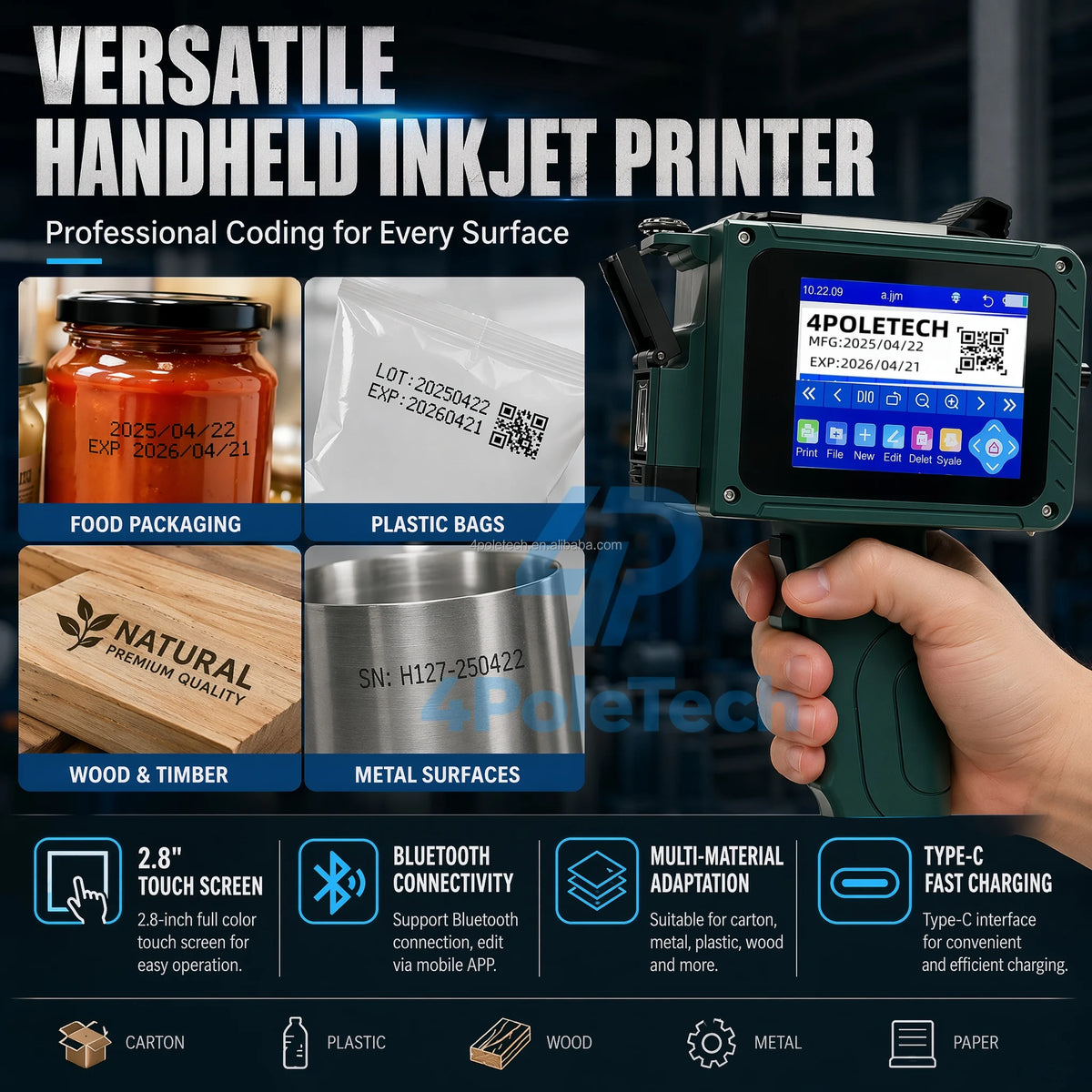 Impresora Inkjet Portátil 4POLETECH WiFi – Códigos QR, Fechas y Lotes para Plástico y Metal